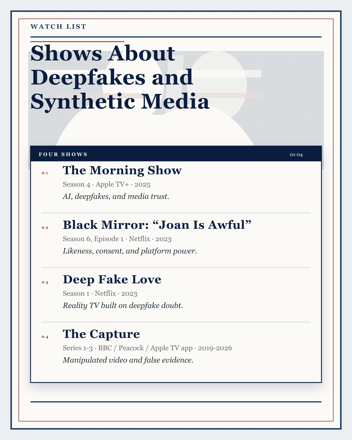 Shows About Deepfakes and Synthetic Media: The Morning Show, Black Mirror: Joan Is Awful, Deep Fake Love, and The Capture.