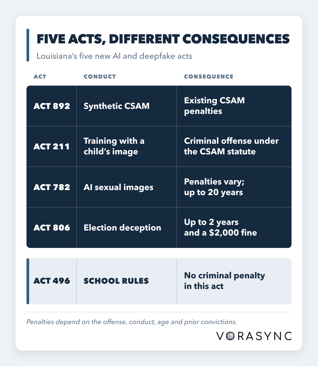 Case-ledger infographic comparing the consequences of five new Louisiana AI and deepfake acts: Act 892 applies existing child-sexual-abuse-material penalties, Act 211 creates a criminal offense under that statute, Act 782 carries varying penalties up to 20 years, and Act 806 carries up to two years and a $2,000 fine. Act 496 contains no criminal penalty.