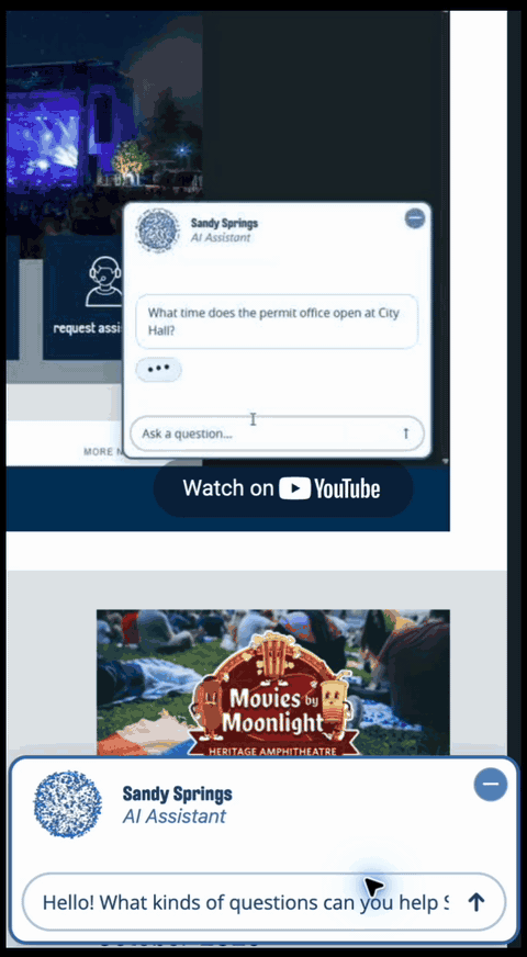 The Sandy Springs AI Assistant answers questions about city services and City Hall hours.