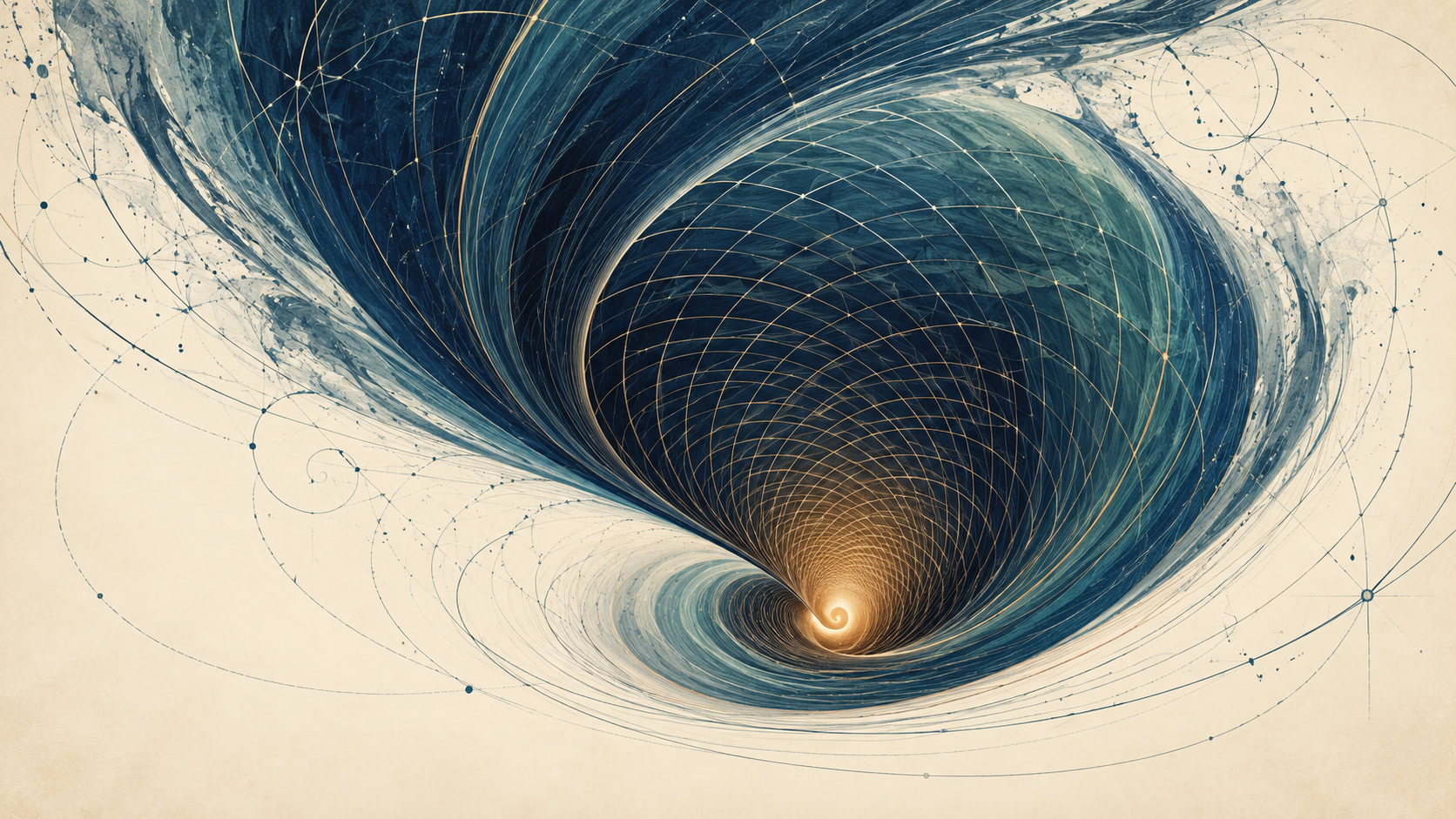 Navy and teal fluid-like filaments spiral into a luminous copper core on an ivory field.