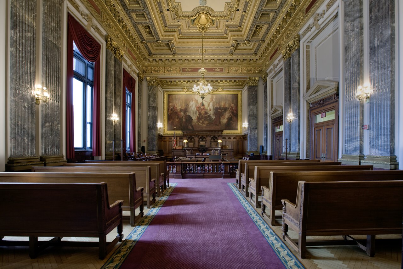 The east courtroom at the Howard M. Metzenbaum U.S. Courthouse in Cleveland.