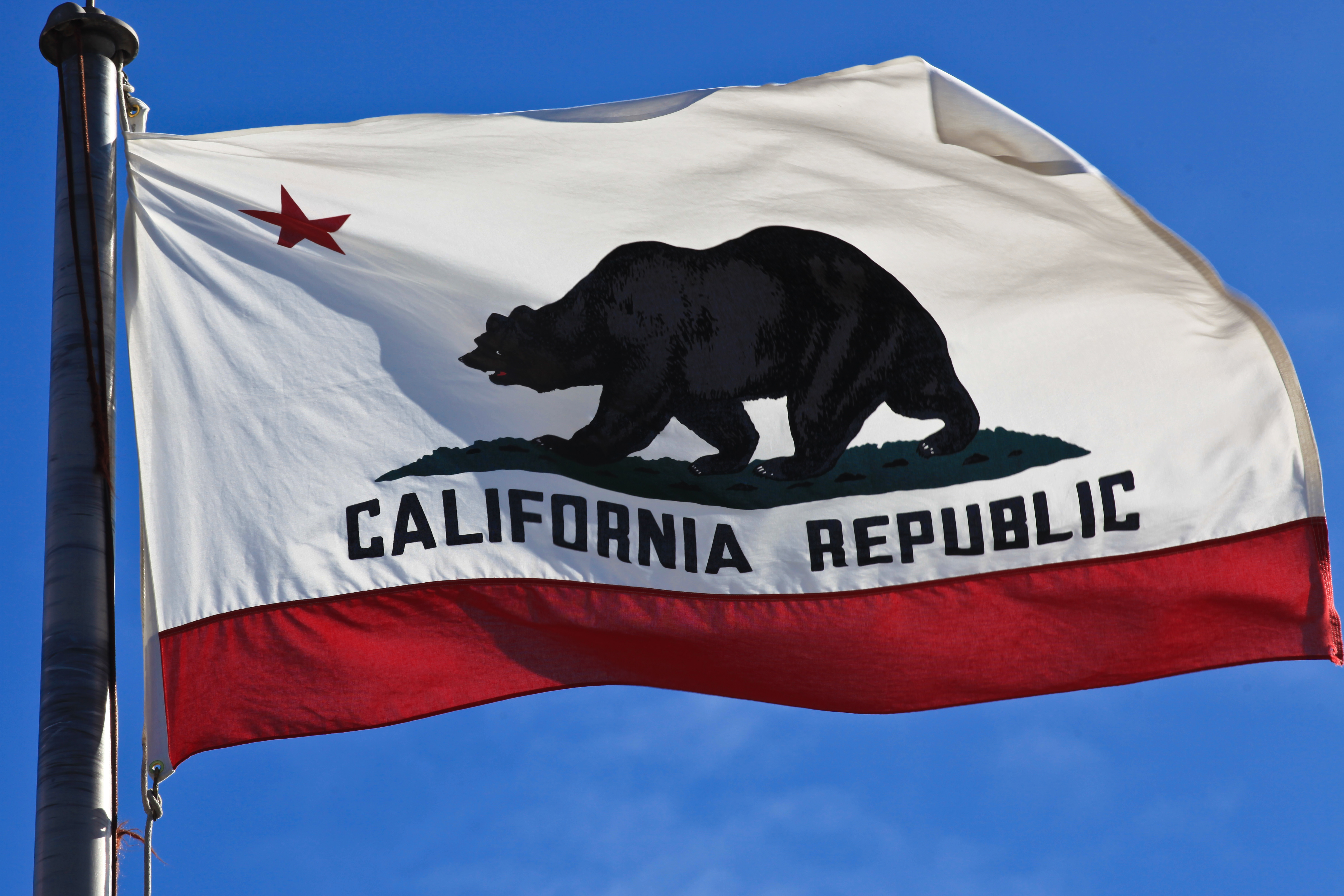 California’s bear flag against a clear blue sky.