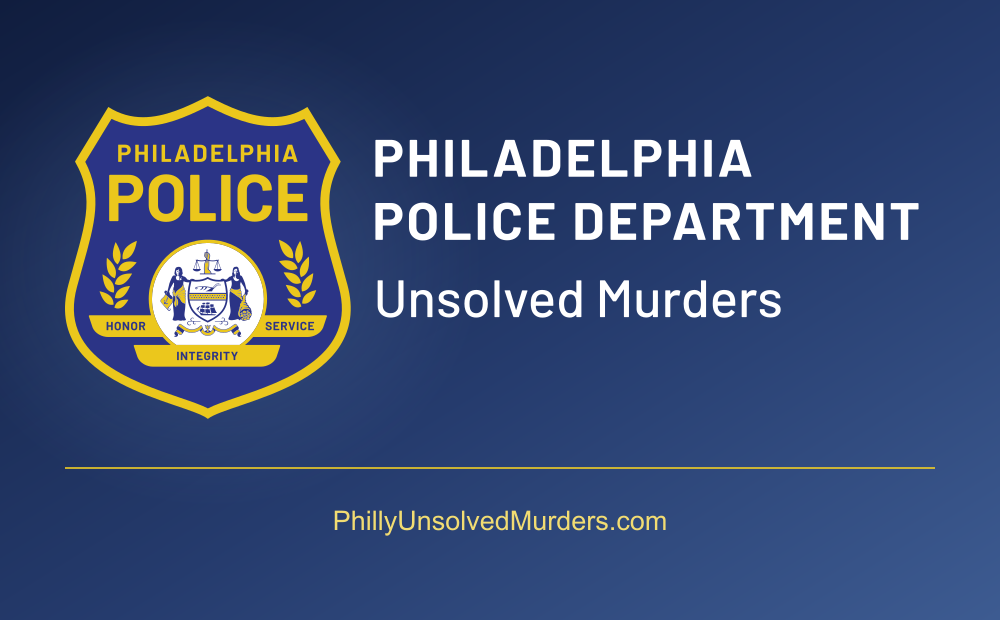 Philadelphia Police Department badge and Unsolved Murders website branding on a blue background.