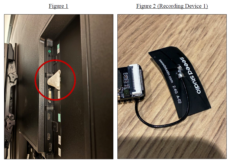Photographs from the criminal complaint showing a recorder concealed behind a television and the device removed