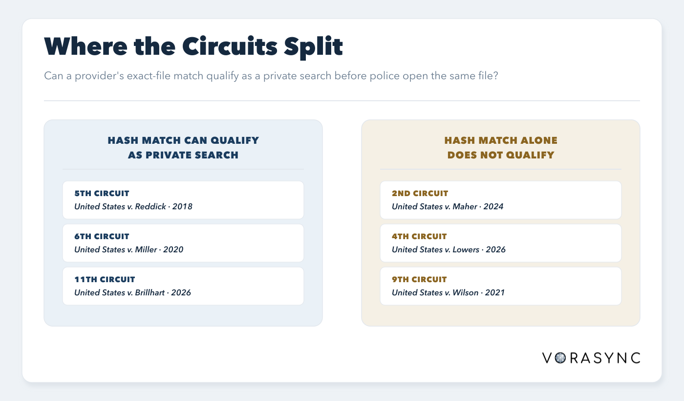 The federal circuit split among United States v. Reddick, Miller, Brillhart, Maher, Lowers, and Wilson over warrantless review of a hash-matched file