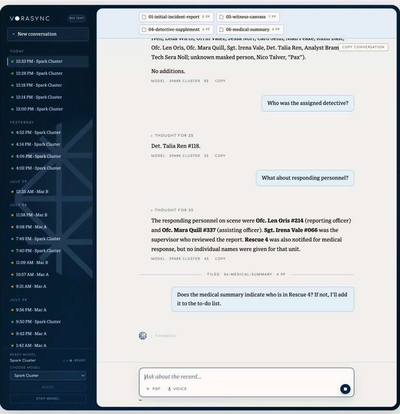Four selected reports with work continuing later in the same fictional case-file session.