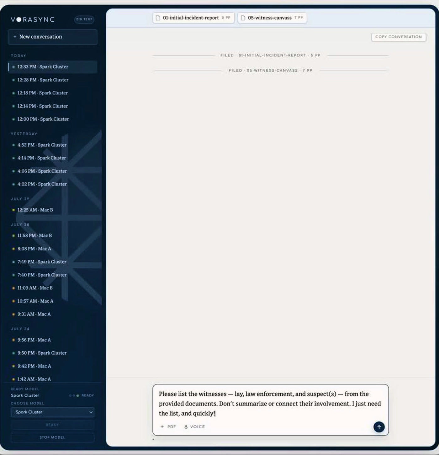 Two selected reports at the start of a fictional VORASYNC case-file session.